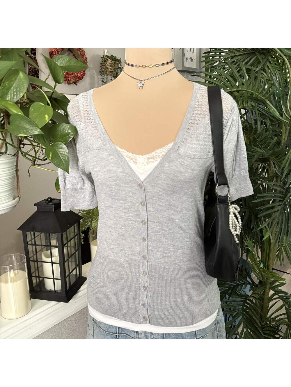 grey eyelet cardigan